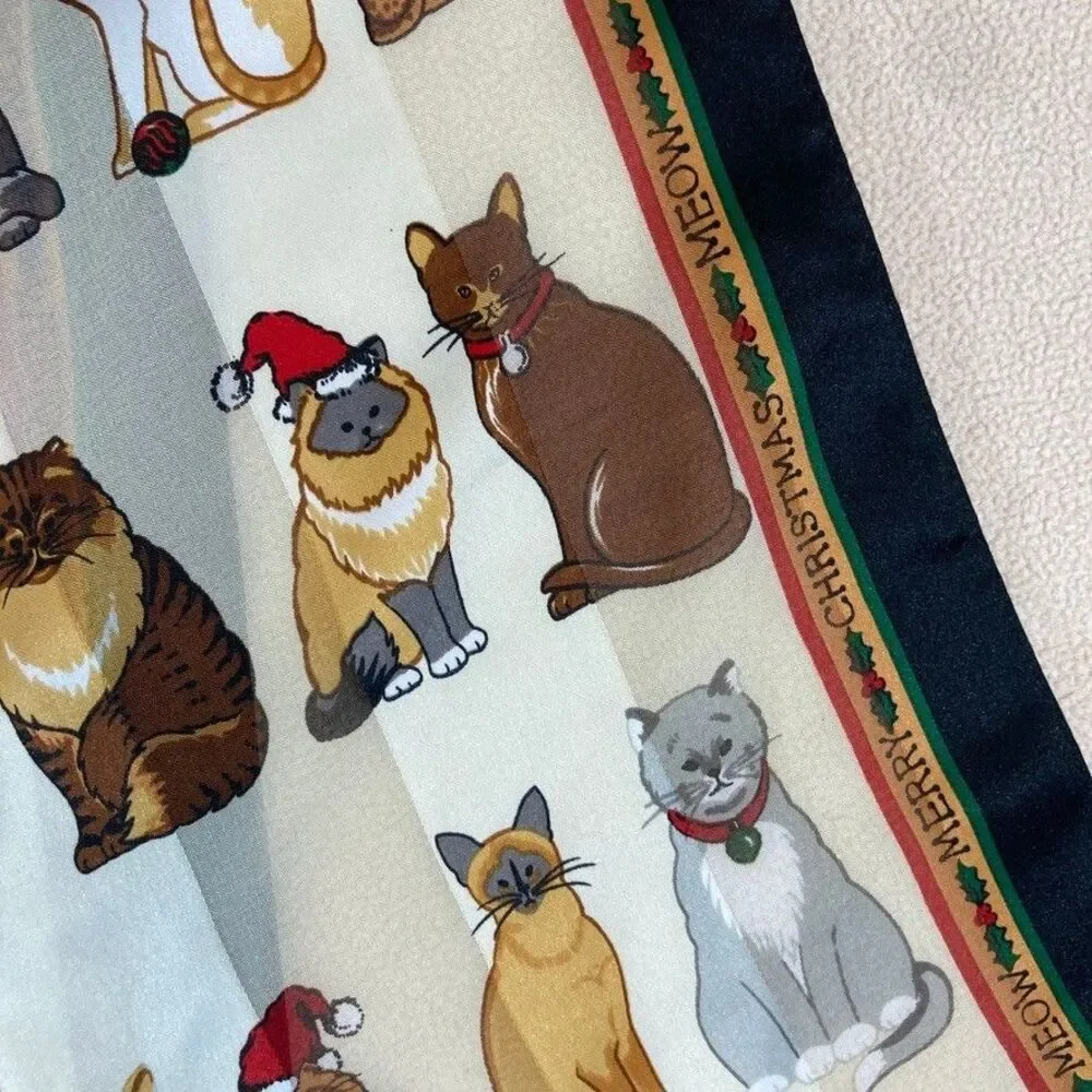 Vintage Christmas Cat Meow Neck Scarf Polyester‎ Santa Hats 57in. X 13in.